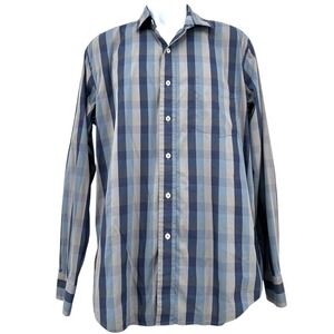 COLE HAAN Dress Shirt Plaid Stretch Gray & Blue Cotton Button Front Men's Large